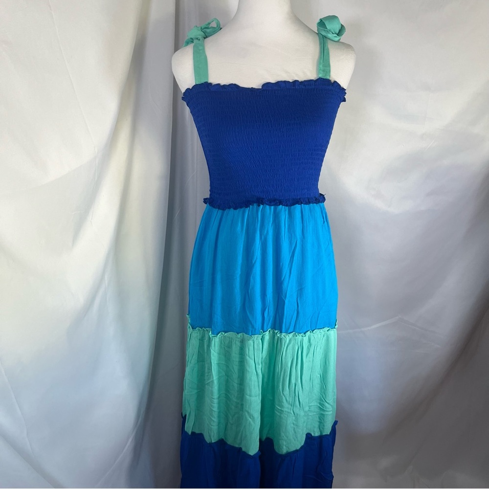 Bebop Colorblock Tiered Crinkle Gauze‎ Maxi Dress Blue/Aqua Size Small Beachy